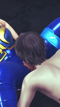 Chun Li Street Fighter 6 - anime cosplay sexy em traje de látex azul recebe sua buceta lambida através de calças apertadas com orgasmo