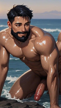 Korte Ai-video pikken van strandjongens met een baard