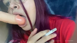 Red head smokes a cigarette and gives a blowjob  - smoking fetish - Laura Nynphe