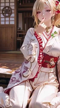 Het heiligdom van het blonde kimono-meisje! Knielen onder de Torii-poort in een beige gemodificeerde kimono