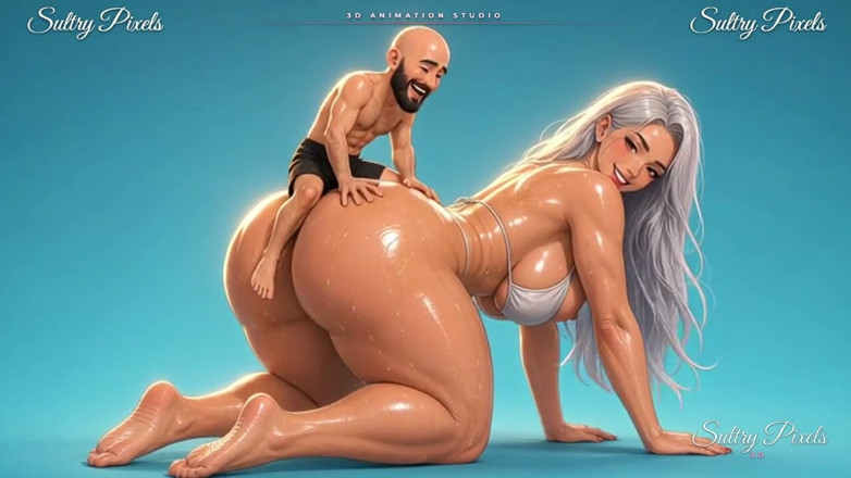 Sultry Pixels 3D: Giganta de anime de pelo plateado a cuatro patas le...
