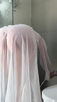 Stepmom Cleans the Bathroom in Her Sheer Dress. Slowly