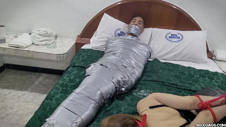 Selfgags femdom bondage: Femdom Revenge: Cheating Boyfriend Mummified, Girlfriend Hogtied