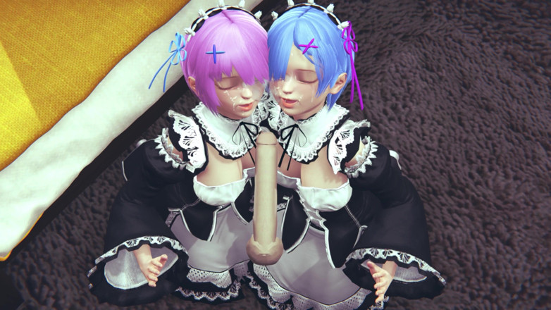Waifu club 3D: Ram dan Rem menjilat zakar besar bersama-sama
