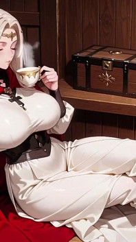 Languid Reading in a Gothic Library, White Robe and Red Cape, Hand Resting Gracefully with Half-closed Eyes.