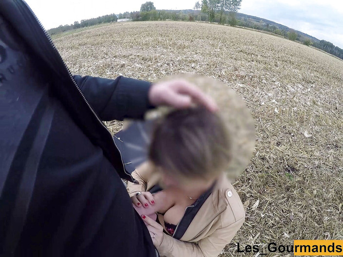 Les Gourmands: Милфа в юбке-чулках и сексуальном нижнем белье на улице, делает мужу минет и глотает его сперму