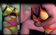 Fake möpse E-cup: Nasser Badeanzug in der Dusche mit großen Strap-on-titten. Rasierte mollige transvestit sissy Tobi00815