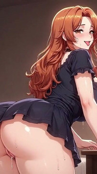 Peituda ruiva se inclina sobre a cama em um pequeno vestido preto mostrando sua bunda redonda