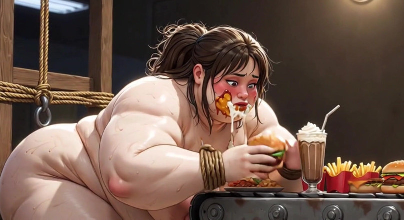Anime Hentai: Une grosse nourricasse attachée à la corde se fait gorger à genoux