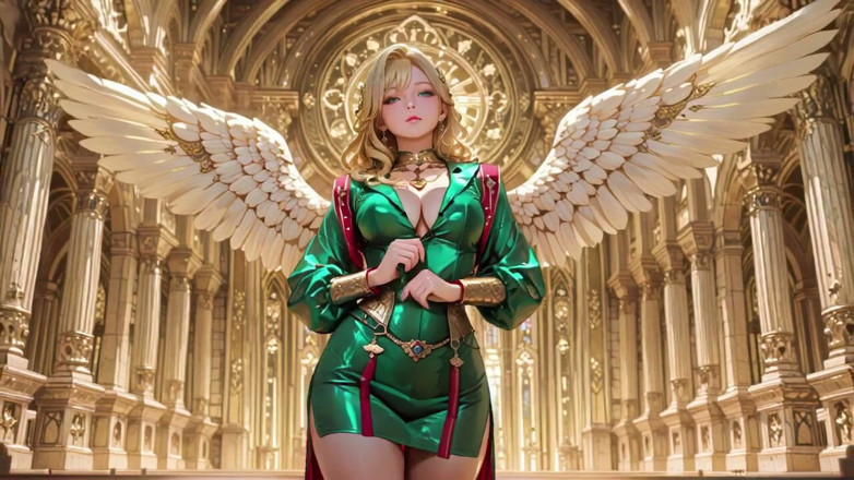 Seraphina Vale: Rubia Ángel Reina! Sagrado arrodillado en una gran catedral, la túnica...