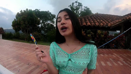 Sara films: Horny slut sucks paddle and shows her tits