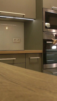 Hot Sexy Long Legs Beauty Cute Blonde College Girl in a Very Short Skirt to Flash Her Ass and Pussy in the Kitchen