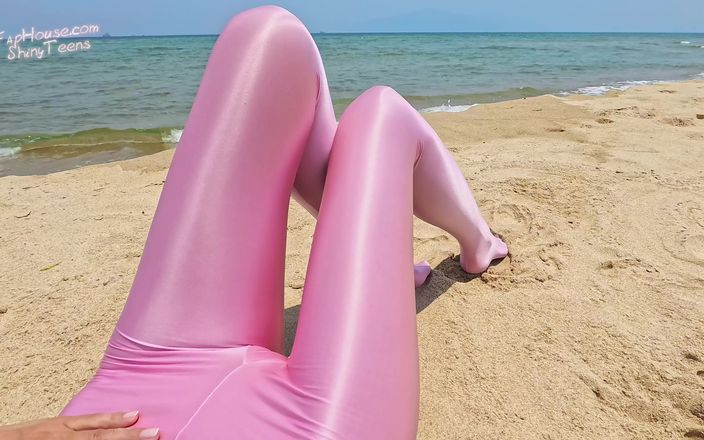 Shiny teens: 880 Shiny Rose Spandex Pantyhose on the Beach