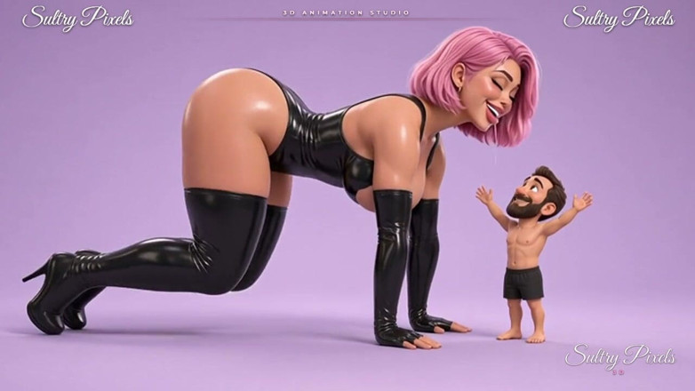Sultry Pixels 3D: Różowowłosa lateksowa kochanka indeksuje się na długi pocałunek ze swoim...