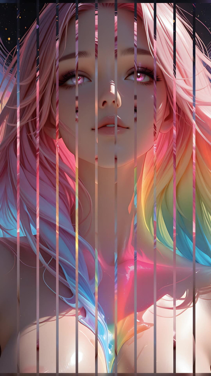 VelvetInk Studio: Bellezza cosmica arcobaleno con incandescenti occhi rosa fantasy ritratto ai...