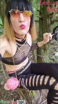 1 Day Old Slut Slut Always. Pink Thong and Pink Heels. Exhibition in the Forest.