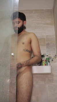 Hot Big Uncut Cock Stepdaddy Camilo Brown Edging in the Shower and Shooting His Cum