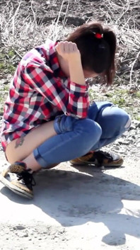 Desperate Girl with Full Bladder Has to Pee on a Dirt Road