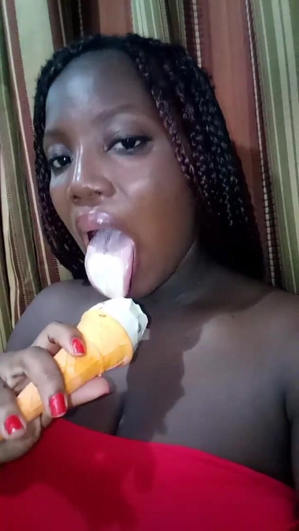 Single Hot Sexy Ebony Girl Home Alone Licking a Big Ice Cream Cone for Dessert (Mastermeat1)
