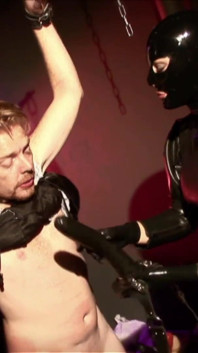 Tied up slave gets pegged and whipped by latex femdom