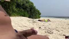Pervert Jerks off Busty MILF and Her Stepdaughter and Cums on Their Faces While They Sunbath