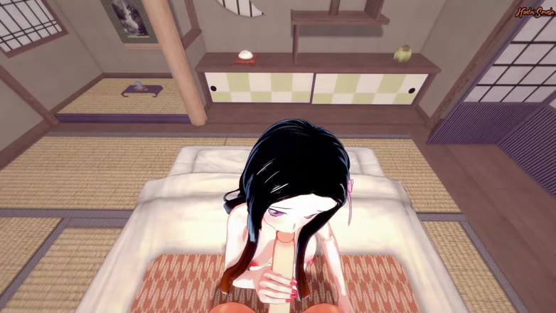 Hentai Smash: Punto di vista scopa Nezuko Kamado sul pavimento e sborra...
