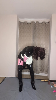 Latex Catsuit and Maid Dress Sissy Tries to Fuck Both of Her Holes with Dildos