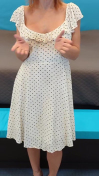 White Dress with Black Polka Dots & Black and Wood High Heels