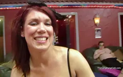 Redheaded MILF fondled while giving handjobs and BJs