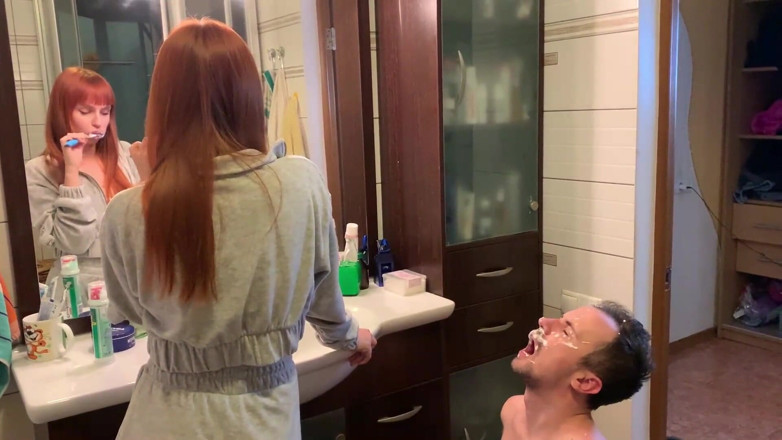 Petite Princesses Femdom: Redhead girl brushes her teeth and spits in slave's mouth -...