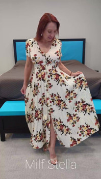 Long Floral Dress, White Toes and Tan Mule Heels Try on