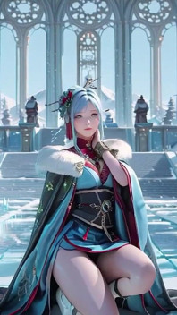 Ice Throne! Silver-haired Mage in Red-green Gown Kneeling, Blue-haired Partner Teasing in Snowy Realm!