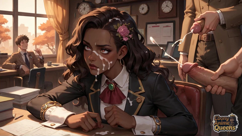 Ebony Anime Queens: 그녀의 얼굴에 그레이비를 튀기고, 여대생을 때리는 증기 흑누나 남자. 동시에, 그는 책상에 절정을 가지고!