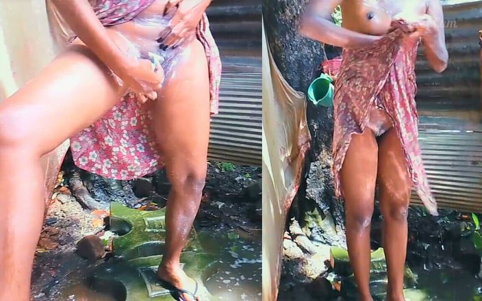 Desi Cum: Desi naga ciocia kąpiel na zewnątrz i golenie jej cipki