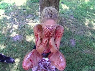 Horny Two really wet MILFs: Blonde slut gets all covered with food outdoors