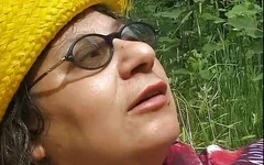 Outdoor threesome for the hairy horny and ready for fuck granny