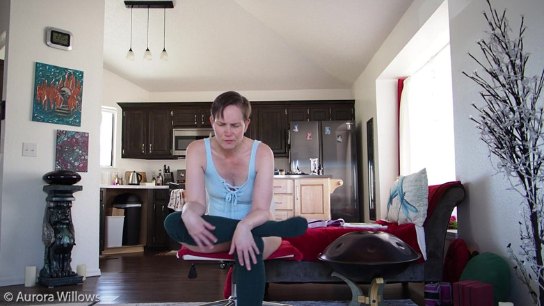 Aurora Willows: Yoga in a blue bodysuit and knee high socks