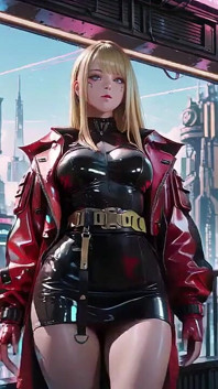 Red Leather Jacket Glistening Under Neon Rain, Kneeling Pose That Breaks the Armor