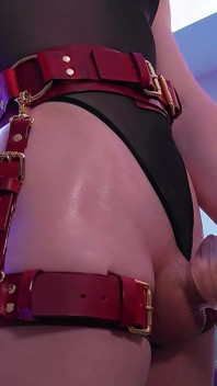 Femboy červená kožená řemínky anální škádlení