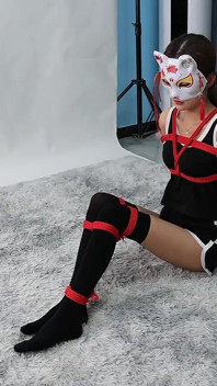 A Young, Beautiful, Slender, and Adorable Girlfriend, with Black Stockings, Red Strings, and Restraints