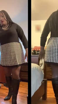 Black Babe Danae in a Sweater Dress Fingering Her Pussy