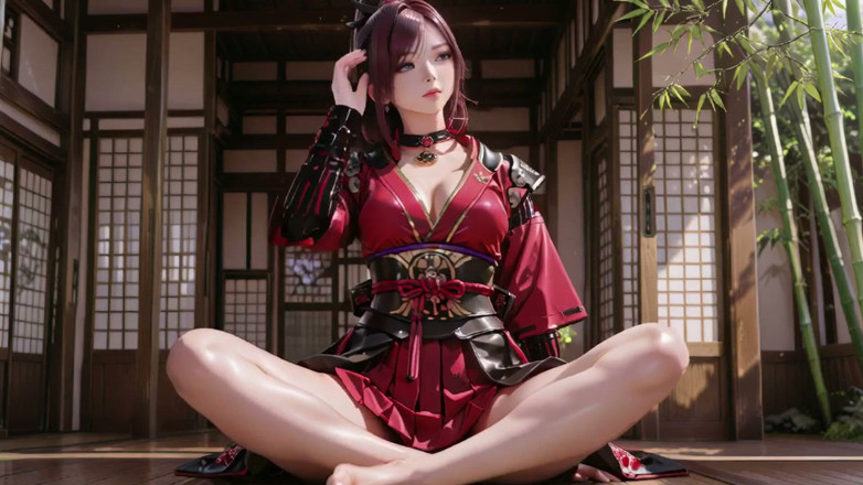 Seraphina Vale: Crimson Samurai! Warrior berambut merah melutut di matahari