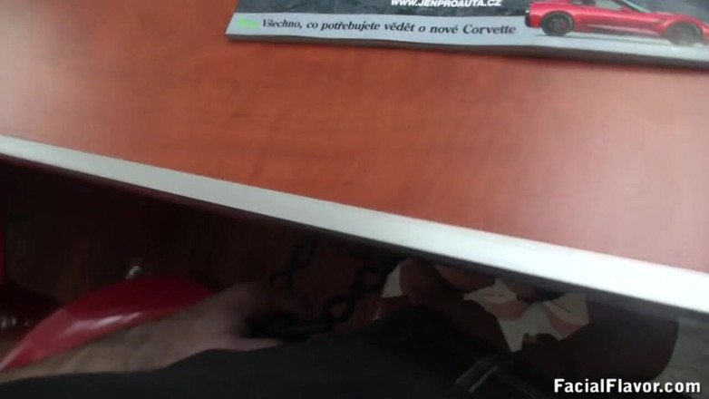 Facial flavor: Angie is sucking cock under table and accepting facial
