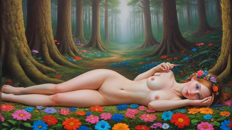 LustRender: Обнаженная эльфа лежит в красочном саду
