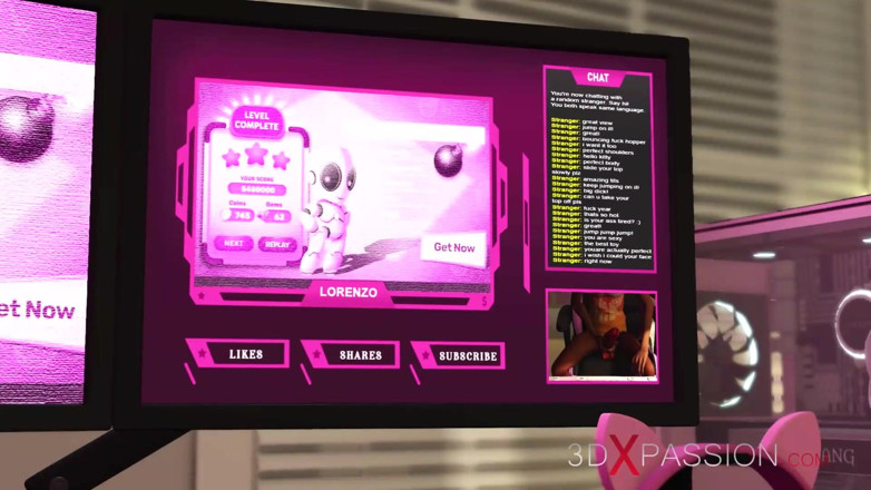 3dxpassion: Webcam live streaming. Gamermeisje speelt met een stuiterende neukhopper