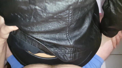 College-couple: Dry humping in a full leather outfit, leather leggings assjob...