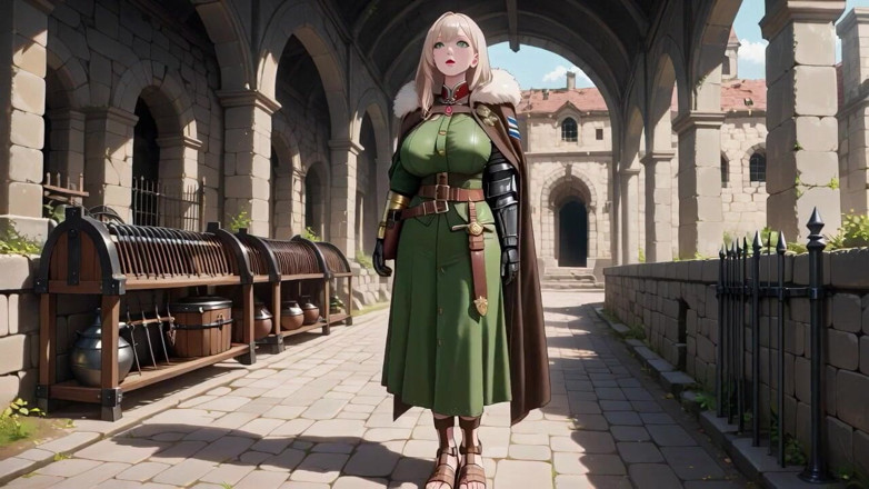 Tay Swift X: ブロンドナイトの午後!緑色の制服、黄金の機械の腕、古代の石の廃墟でのんびりと物思いにふける。
