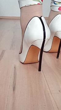 Crossdresser Walks in White Casadei Blade Pointed Toe High Heels Pumps