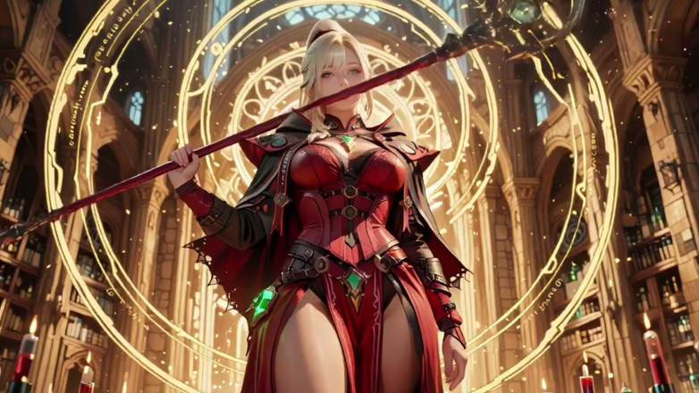 Seraphina Vale: Red &amp; Black Armor Witch! Forbidden Casting in the Gothic Library.