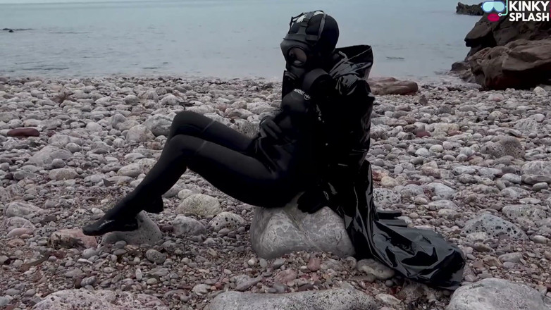 UKCuteGirl Lucy Lauren: Gas Mask Goddess - Rubber Wetsuit &amp; Pvc Mac Beach Tease